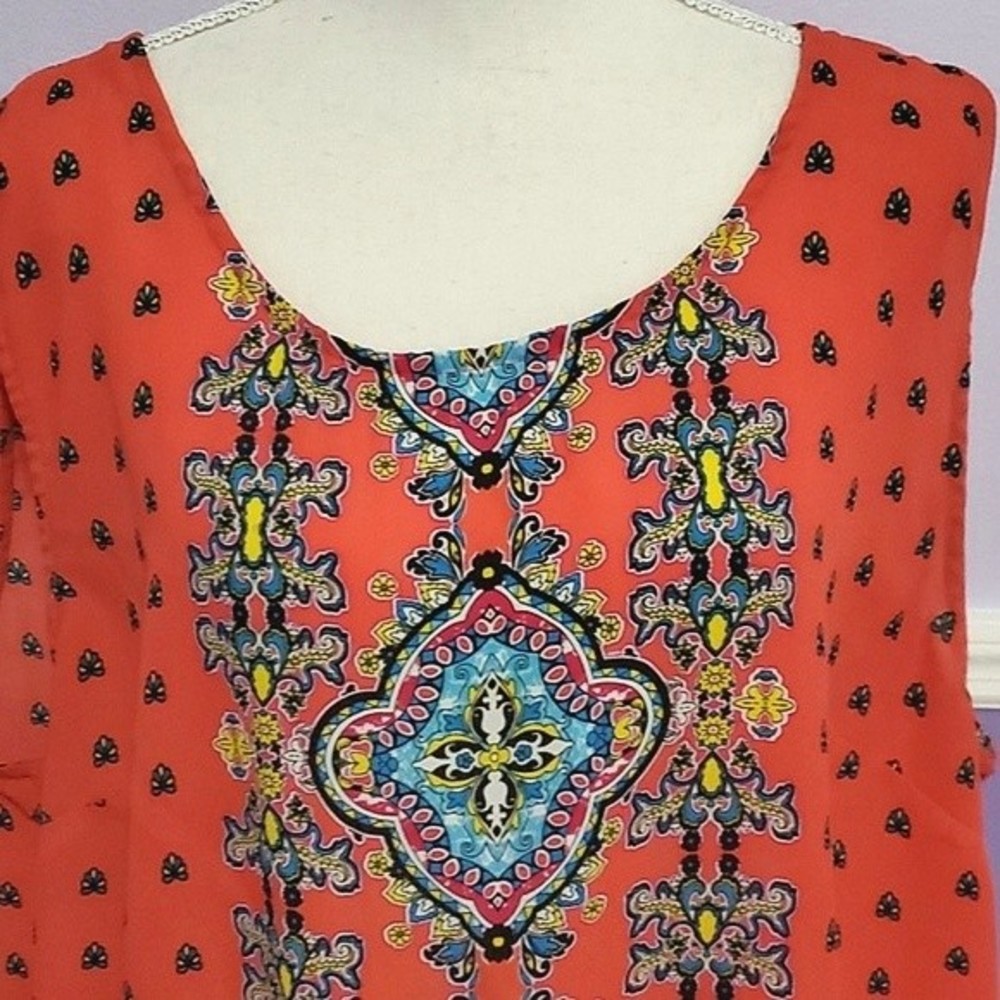 Cynthia Rowley Salmon Colorful Boho Print Button Down Back Sleeveless Top 2X - Picture 2 of 8